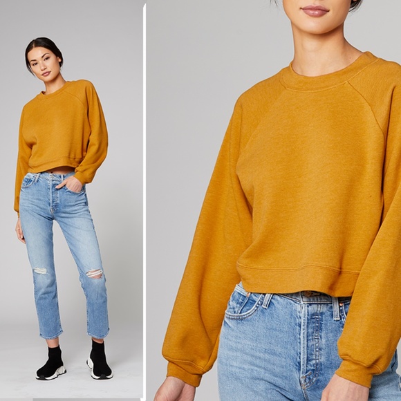 Spicy-Mustard Cropped Crew Cotton Fleece Pullover - Picture 2 of 4